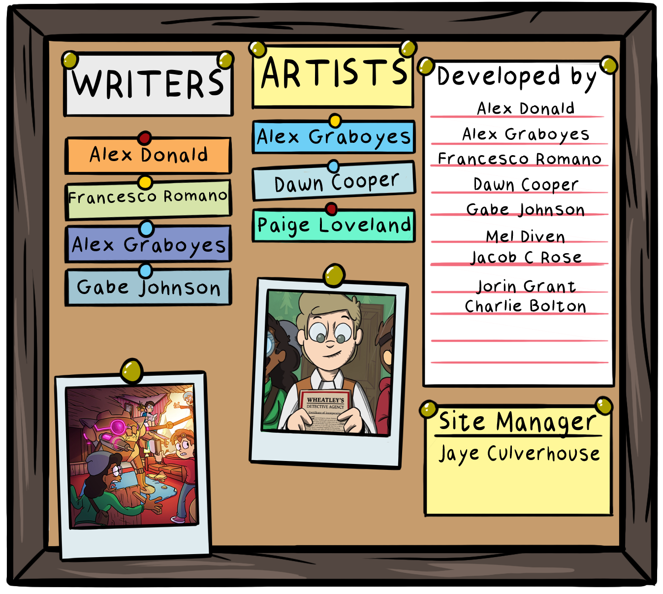 Writers:Alex Donald, Francesco Romano, Alex Graboyes, Gabe Johnson. Artists: Alex Graboyes, Dawn Fysh, Paige Loveland. Story Developed by: Alex Donald, Alex Graboyes, Francesco Romano, Dawn Fysh, Gabe Johnson, Mel Diven, Jacob C Rose, Jorin Grant, Charlie Bolton. Website Developed by Jade Harley.